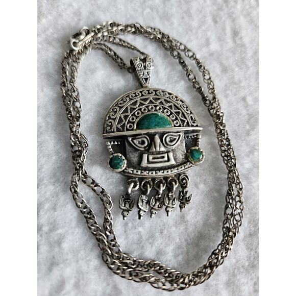 Peruvian Tumi God Chrysocolla Peruvian Silver 950 Signed AF With 925 Chain - Picture 1 of 7